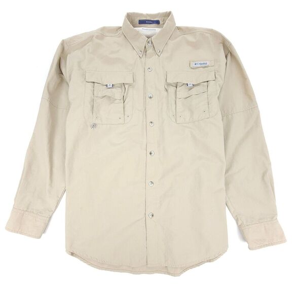 COLUMBIA PFG Bahama II Long Sleeve Button Down UPF Fishing Shirt Men Large Khaki - Picture 1 of 10